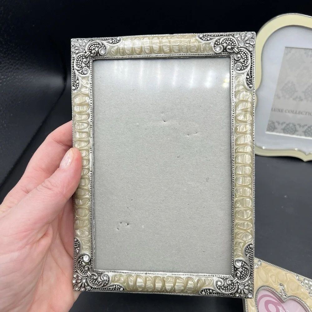 Set Of 3 Enamel Metal & Crystal Picture Frames Neutral Color Cream Beige Silver